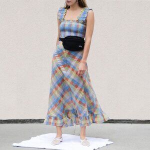 GANNI seersucker plaid maxi dress with shirring NWT 36